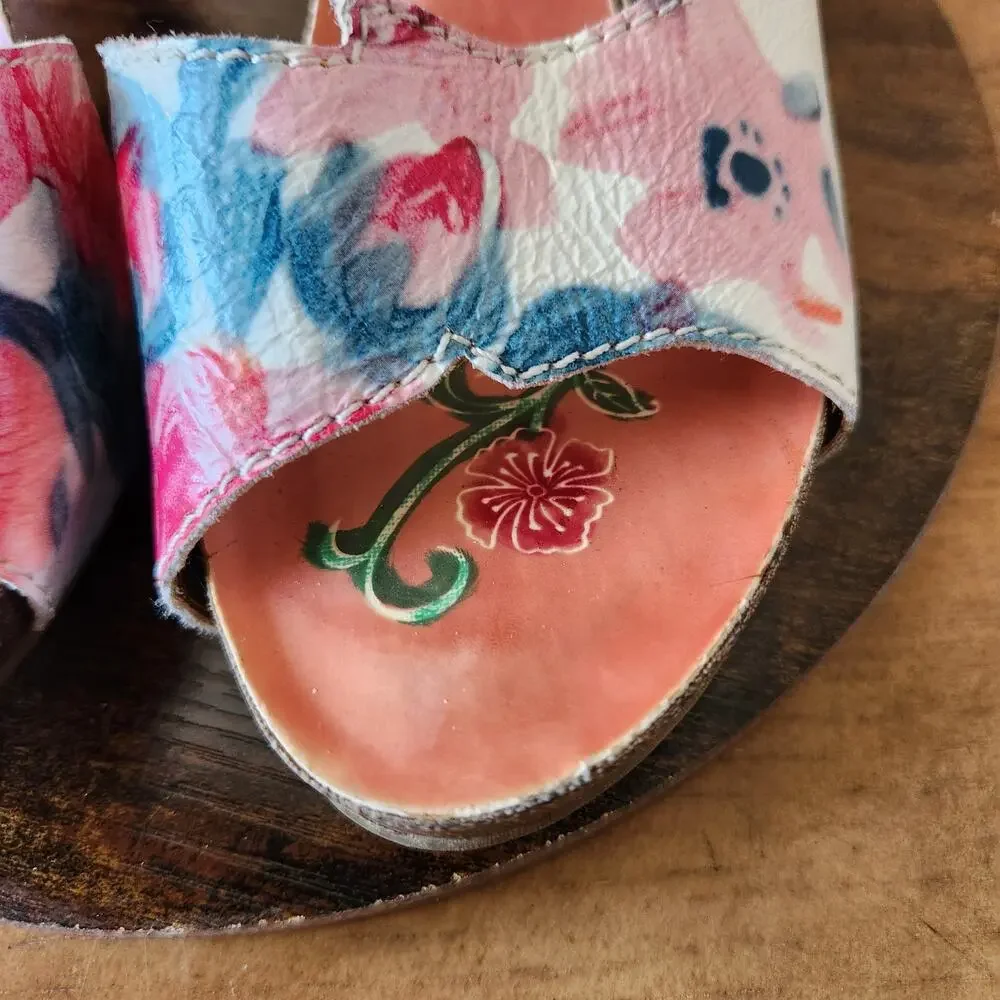 L'Artiste Spring Step Mauri Floral Sandals 37 Warm Orange Leather Hand Painted - Picture 4 of 16